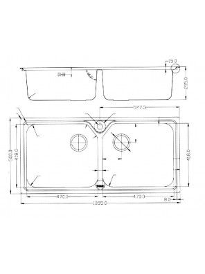 BARENO S/S 2Bowl Sink 1050x500x215x1mmthk 2038F140