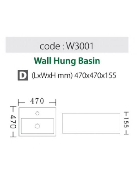BARENO Wall Hung Basin Size: 400x300x120mm (White) W3001 BARENO Wall Hung Basin Size: 400x300x120mm (White) W3001