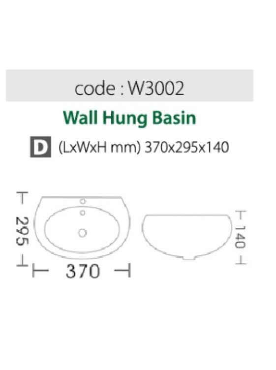BARENO Wall Hung Basin Size: 370x295x140mm (White) W3002 