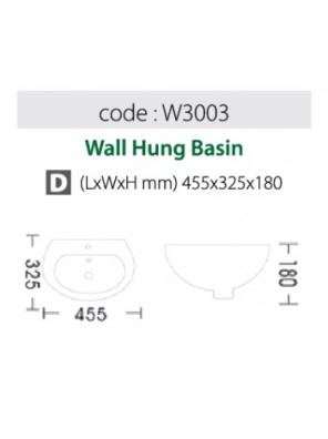BARENO Wall Hung Basin Size: 455x325x180mm (White) W3003 BARENO Wall Hung Basin Size: 455x325x180mm (White) W3003