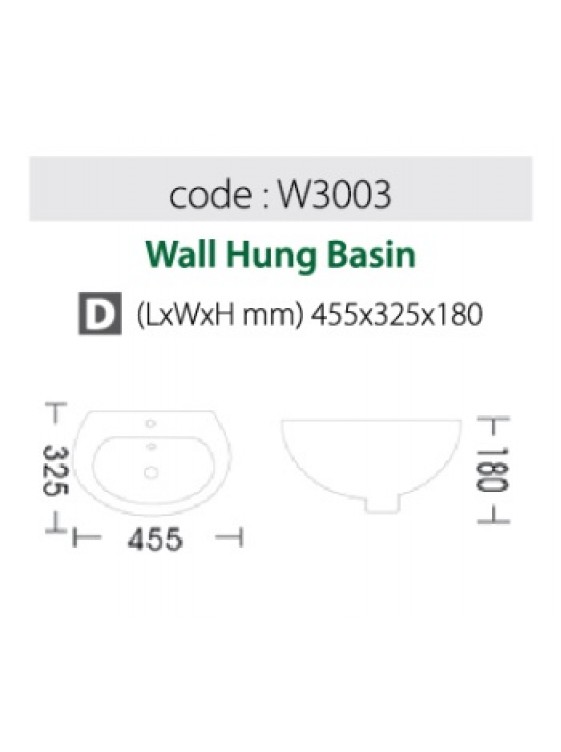 BARENO Wall Hung Basin Size: 455x325x180mm (White) W3003 