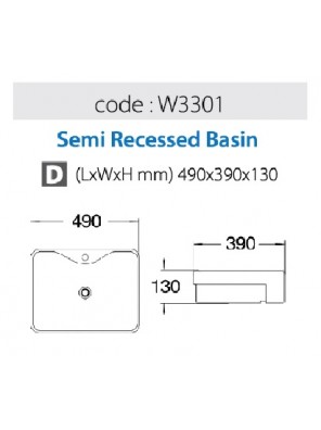 BARENO Semi Recessed Basin Size:490x390x130mm (White) W3301 BARENO Semi Recessed Basin Size:490x390x130mm (White) W3301
