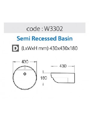 BARENO Semi Recessed Basin Size:430x430x180mm (White) W3302 BARENO Semi Recessed Basin Size:430x430x180mm (White) W3302