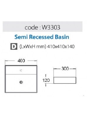 BARENO Semi Recessed Basin Size: 410x410x140mm (White) W3303 BARENO Semi Recessed Basin Size: 410x410x140mm (White) W3303
