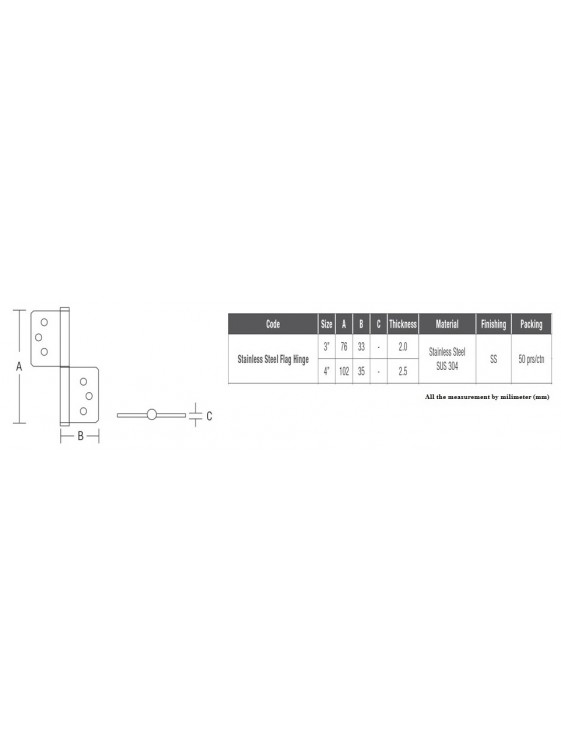 ST.GUCHI S/S SUS 304 Flag Hinges 4" x 1.4" x 2.5mm SGDH-814025 ST.GUCHI S/S SUS 304 Flag Hinges 4" x 1.4" x 2.5mm SGDH-814025